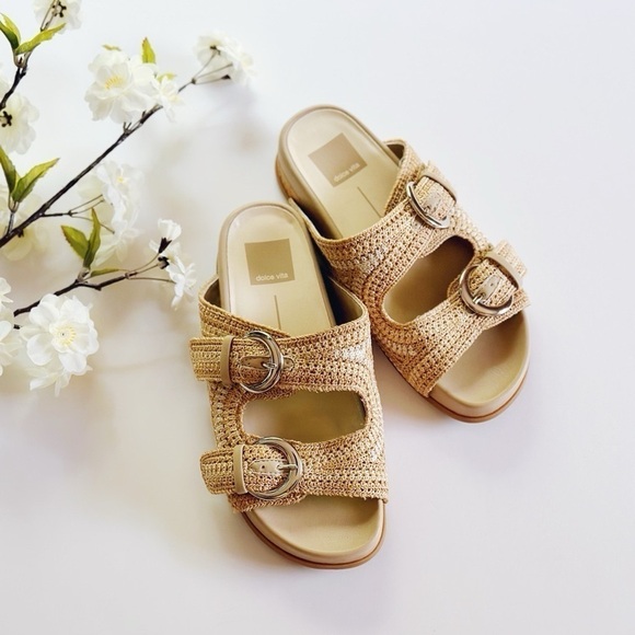 Dolce Vita Ralli Natural Multi Crochet Knit Buckle Slide Sandals - Picture 1 of 10